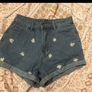 SHEIN Blue Jean Shorts with Embroidered Flowers